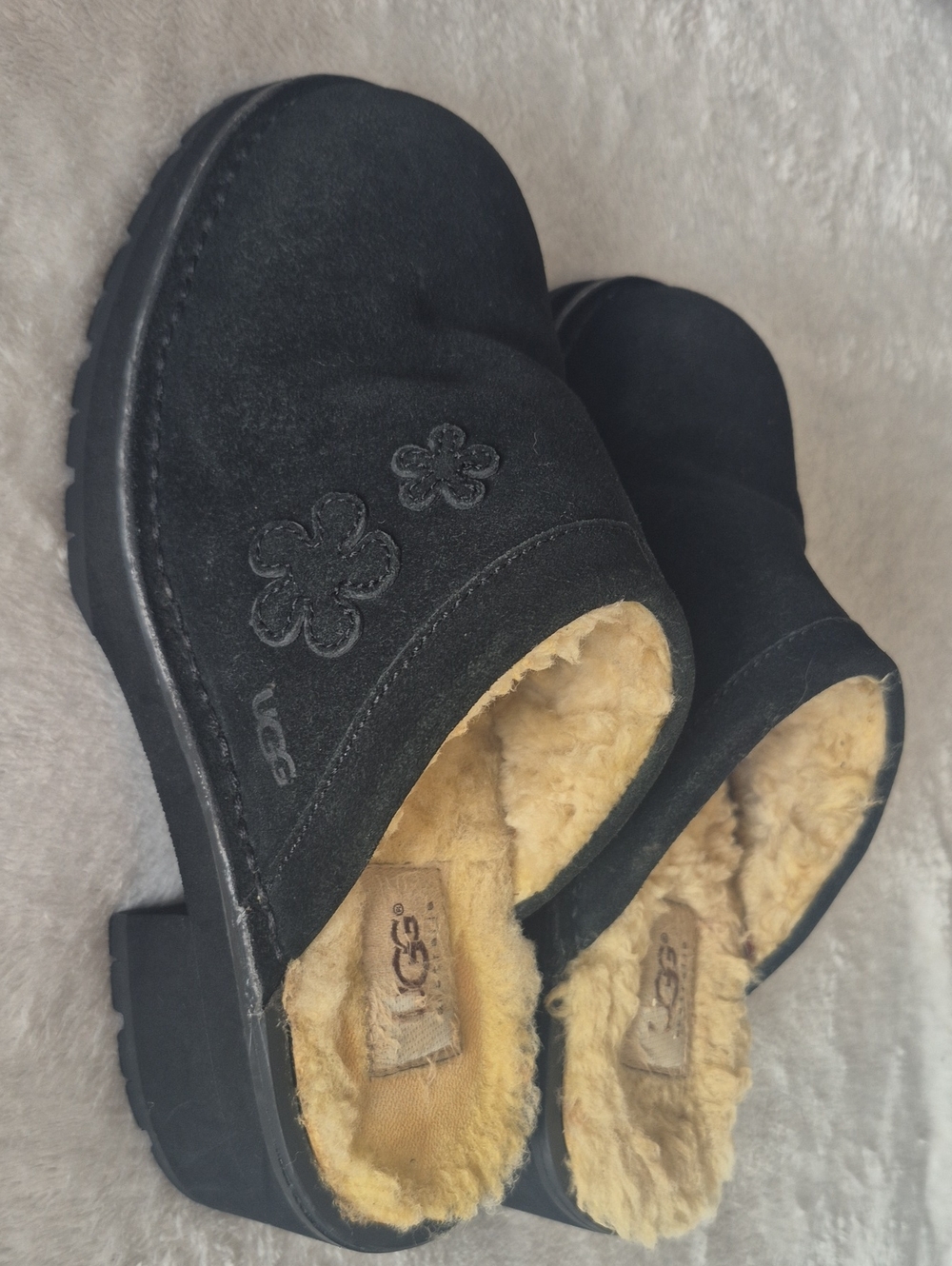 UGG Kids Black Suede Flower-Embroidered Shearling Clog